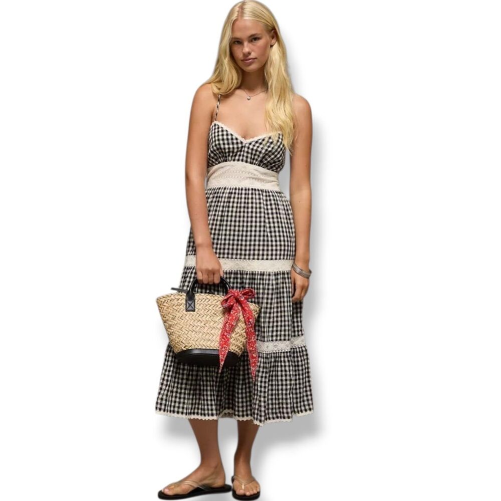 AE V-Neck Lace Tiered Sundress Dress Gingham Check Cottagecore Coastal Size XL